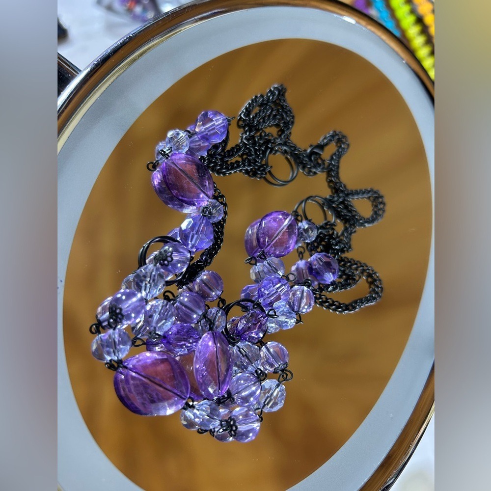 Whimsigoth Double‎ Strand Purple Crystal Statement Necklace - Gunmetal Chain